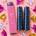 Toner reactive foil with packaging on a pink background with confetti cyber cat holographic blue and animal 