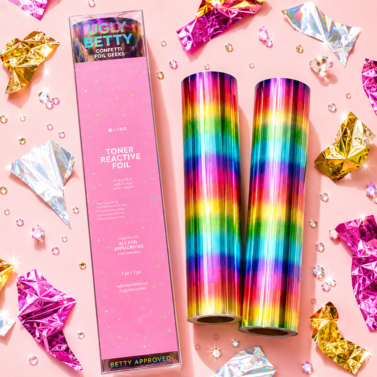 Colorful toner reactive foil with packaging on a pink background