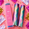 Two rolls of colorful toner reactive foil with a pink packaging on a decorative background.